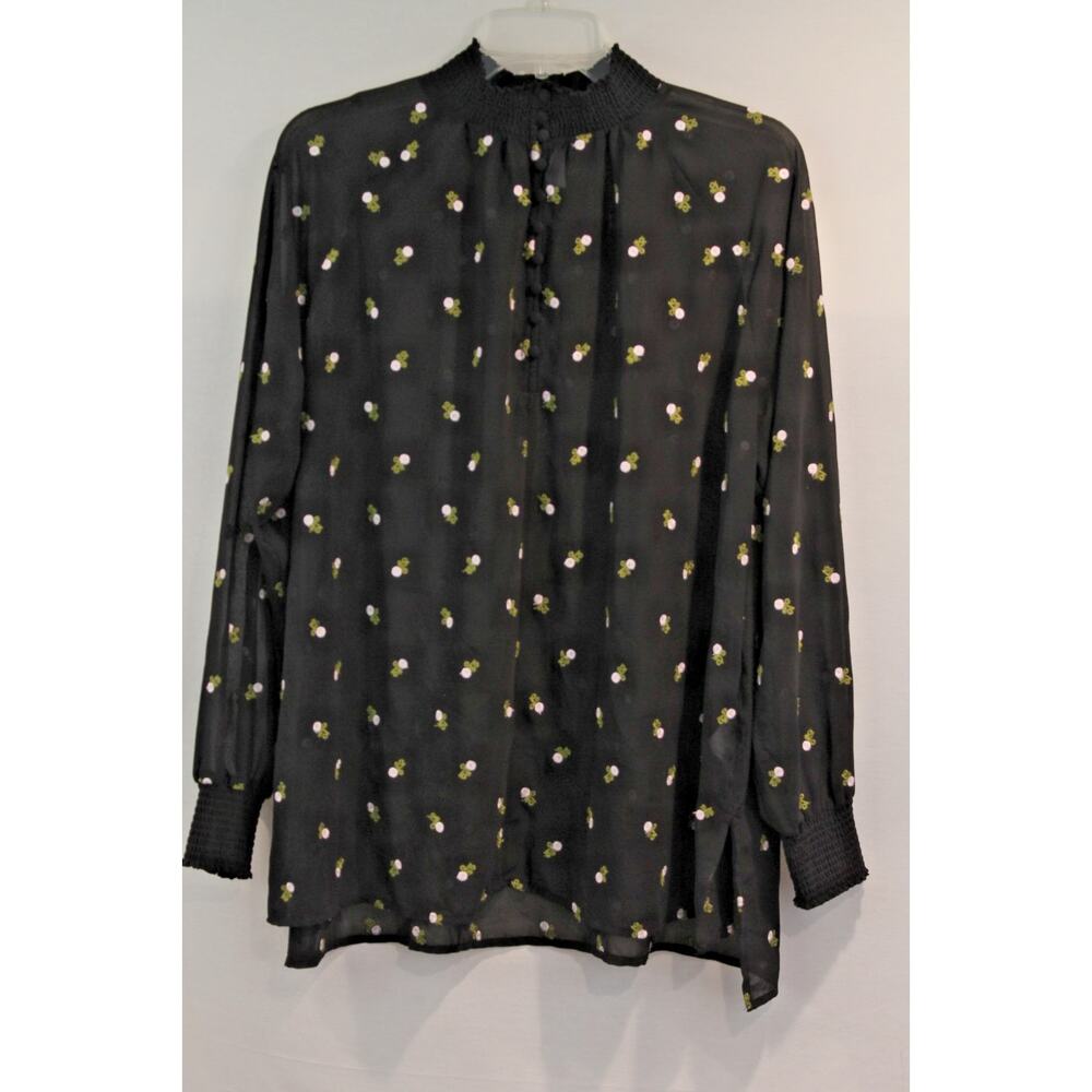 Cabi Sheer Embroidered Floral Peasant Smocked Top Womens size M Black 1/4 Button